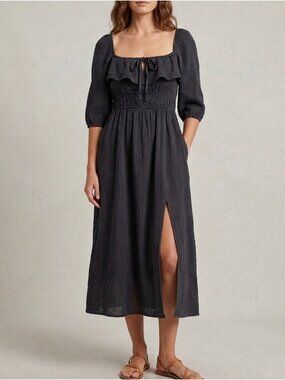Black Puff Sleeve Midi Dress Dark Fairy Milkmaid Coquette Badie Size Medium